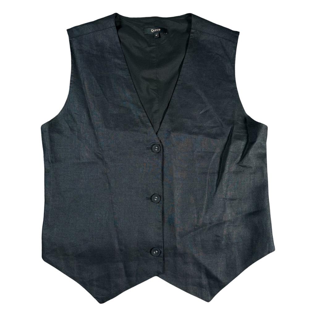 Quince European Linen Vest Womens Medium Black Waistcoat Button Front Tailored